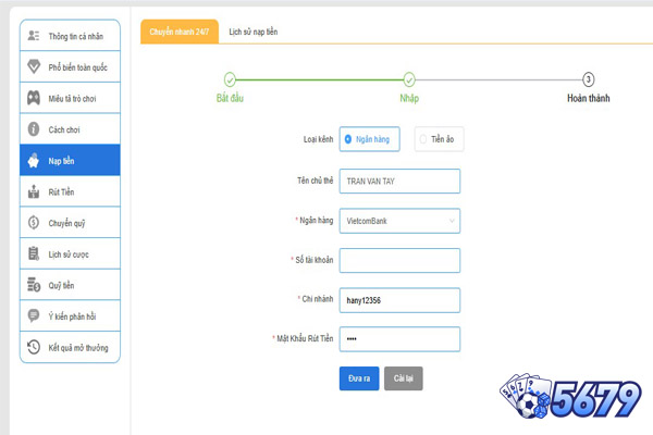 Nhiều phương thức nạp tiền khả dụng tại 5679